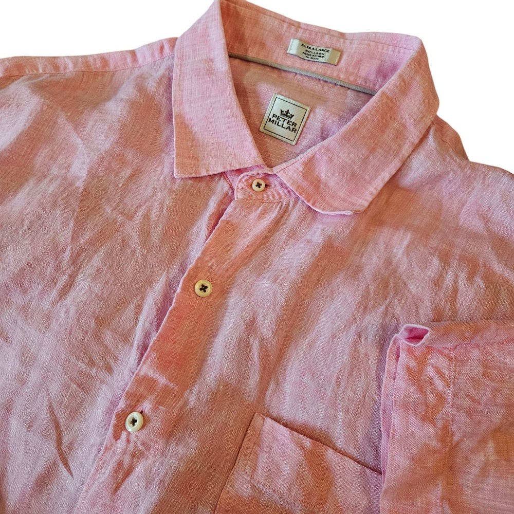 Peter Millar Short Sleeve Pink Button Up 100% Linen Shirt Men's‎ XL Easter